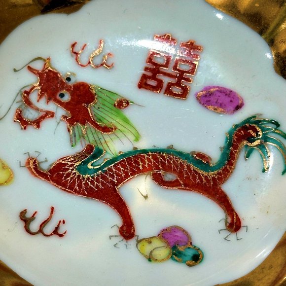 Vintage China Jingde Dragon Bowl DOUBLE HAPPINESS Trinket Dish Gold Hand Painted - Picture 2 of 5